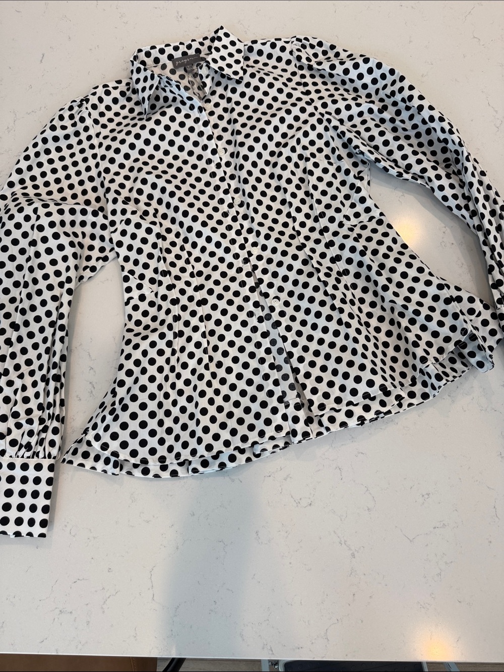Polka Dot Long-Sleeve Button-Down peplum Shirt in Black & White